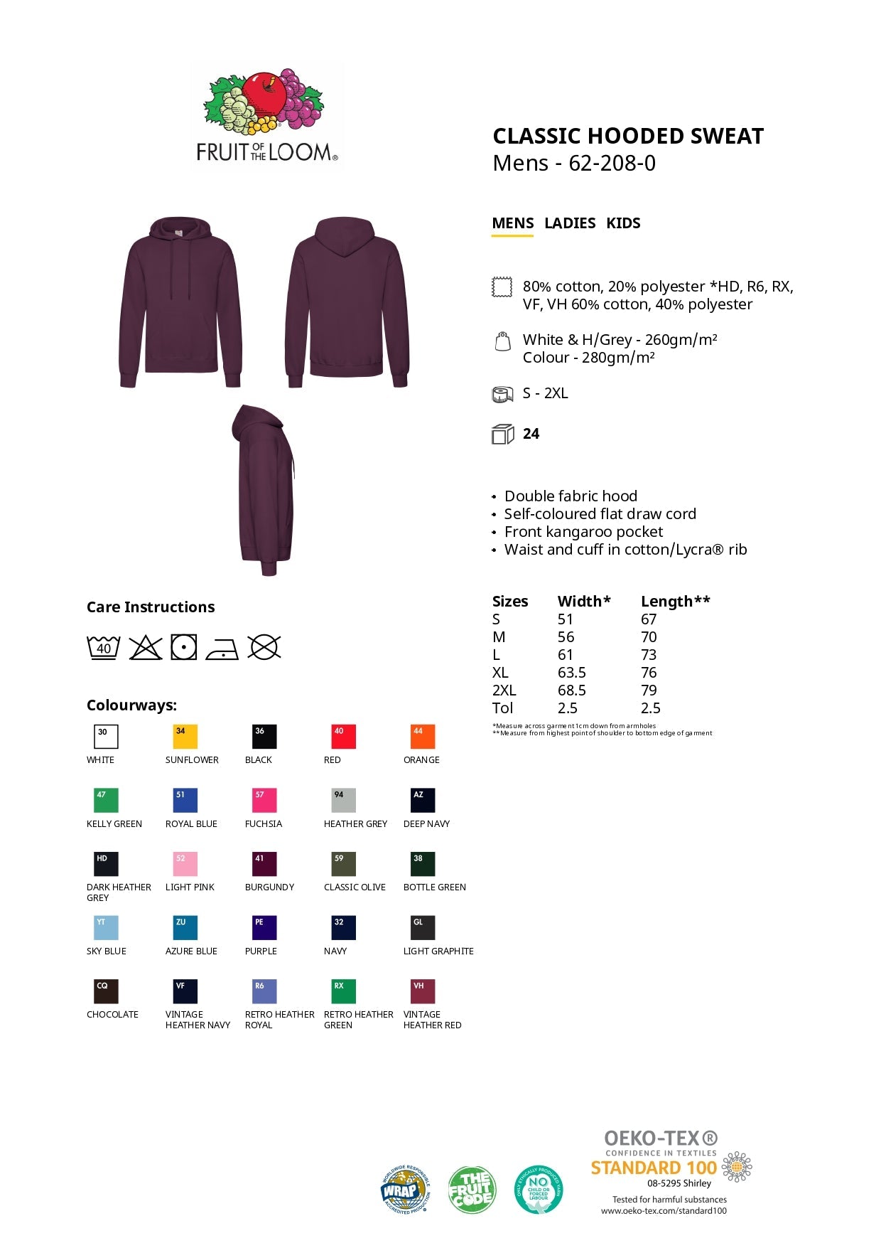 Luvtröja - Fruit of the Loom - 'Classic' - Grå