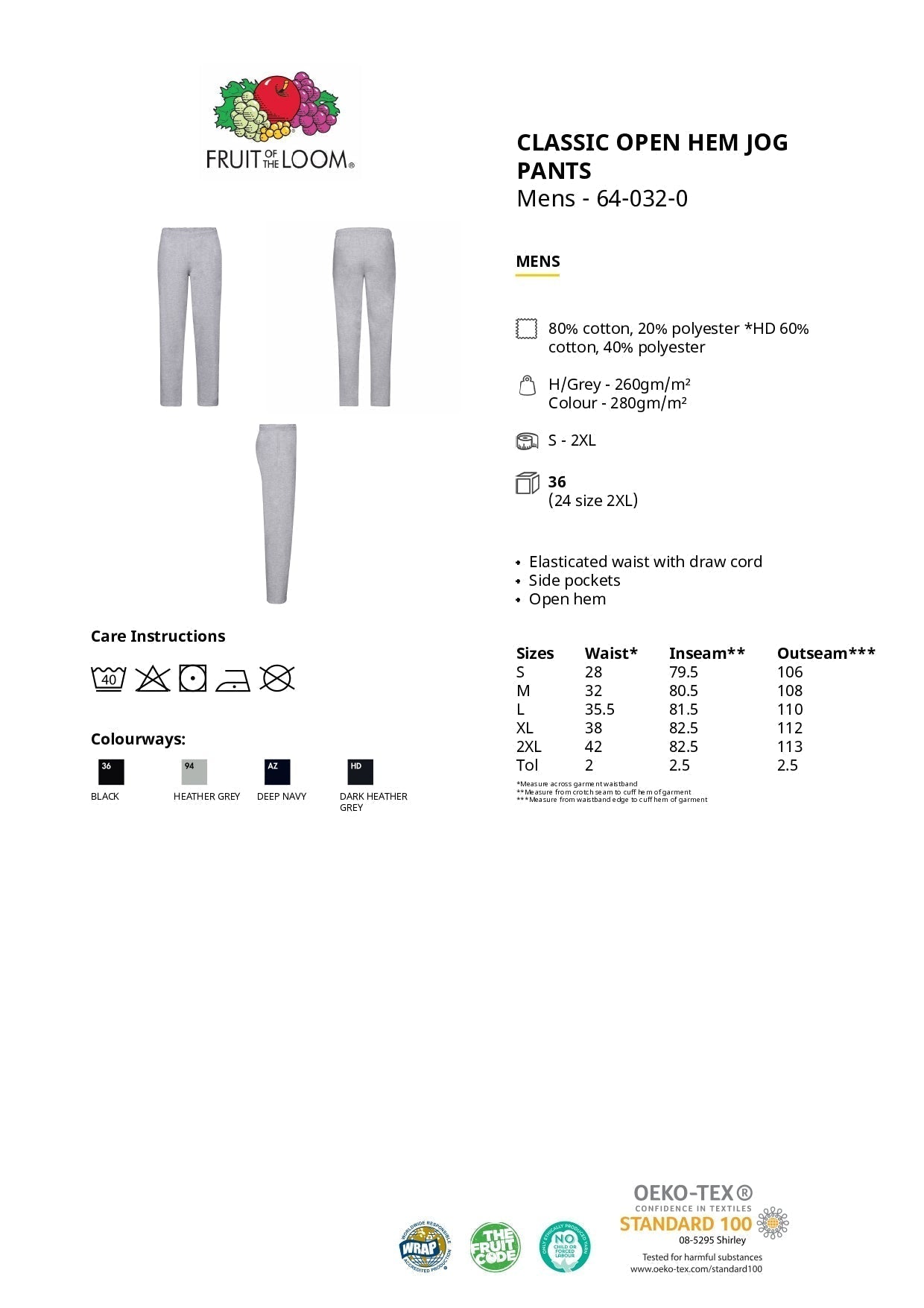 Joggingbyxor - Fruit of the Loom - 'Classic' (Med Elastik) - Sort