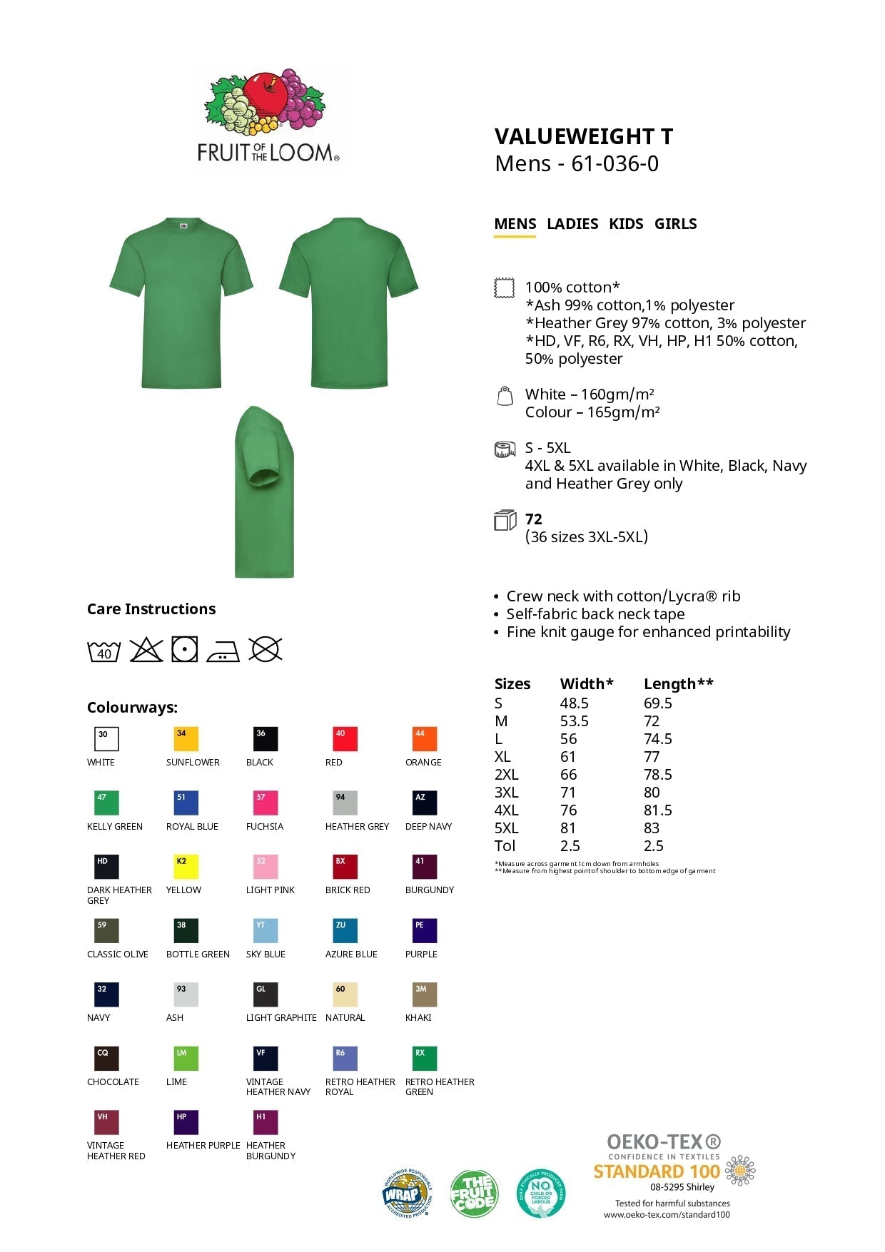 T-Shirt - Fruit of the Loom - 'Valueweight T' - Khaki